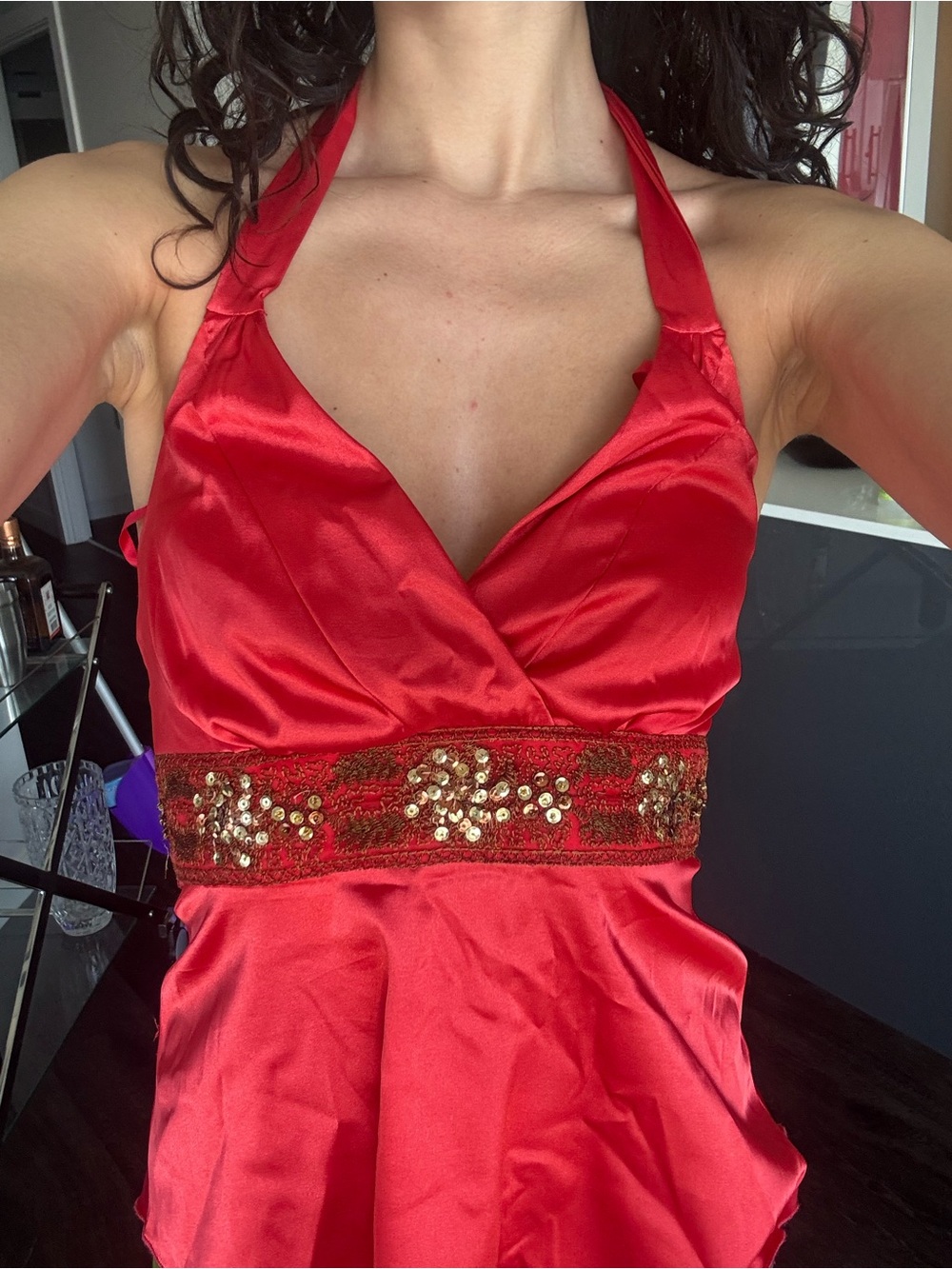 Vintage le château Red Halter Satin top with Embellished Waistband